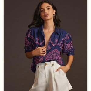 Anthropologie Embroidered Relaxed Shirt Pink Blue XL